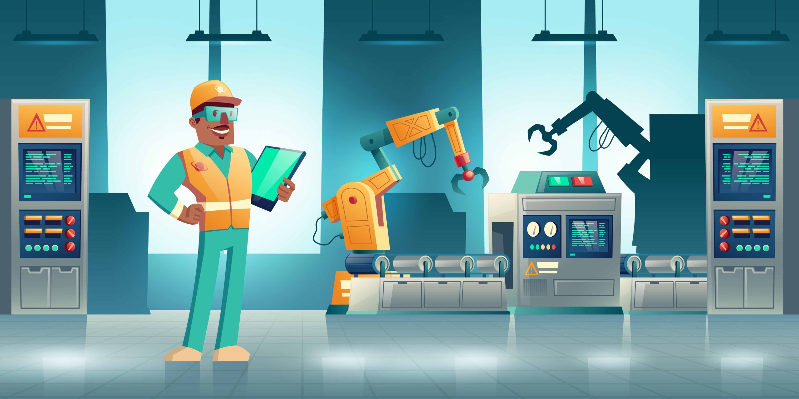 Factory robotized production line cartoon vector Standard Shipping Management